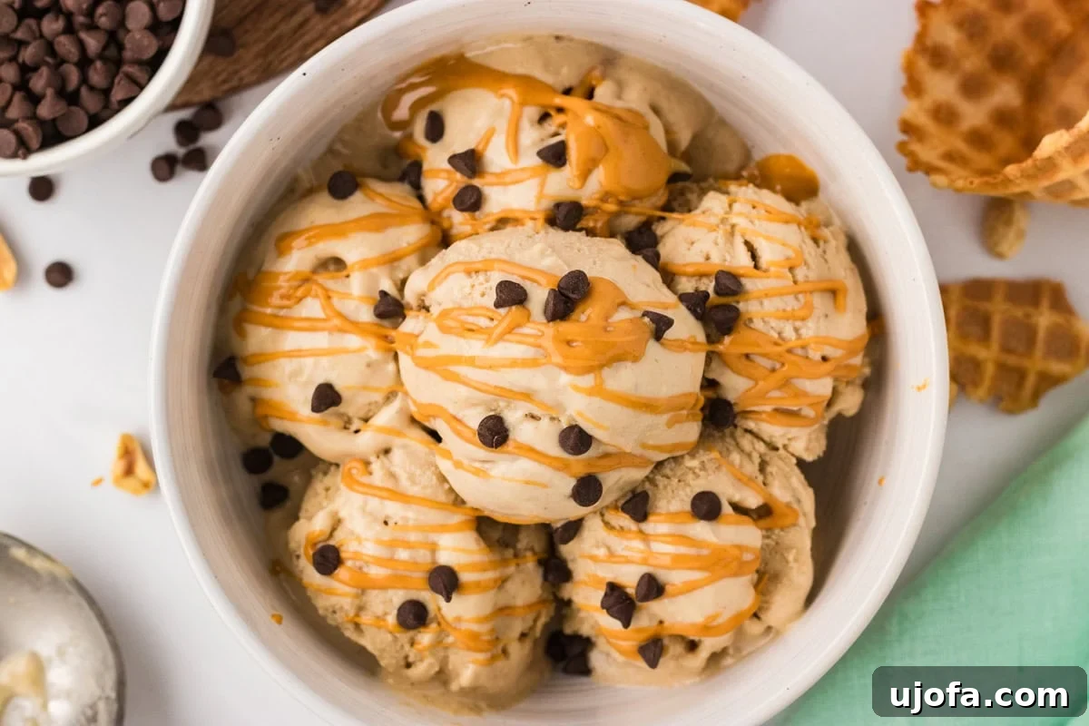 Overhead view of multiple scoops of banana peanut butter nice cream in a white bowl topped with mini chocolate chips and a melted peanut butter drizzle