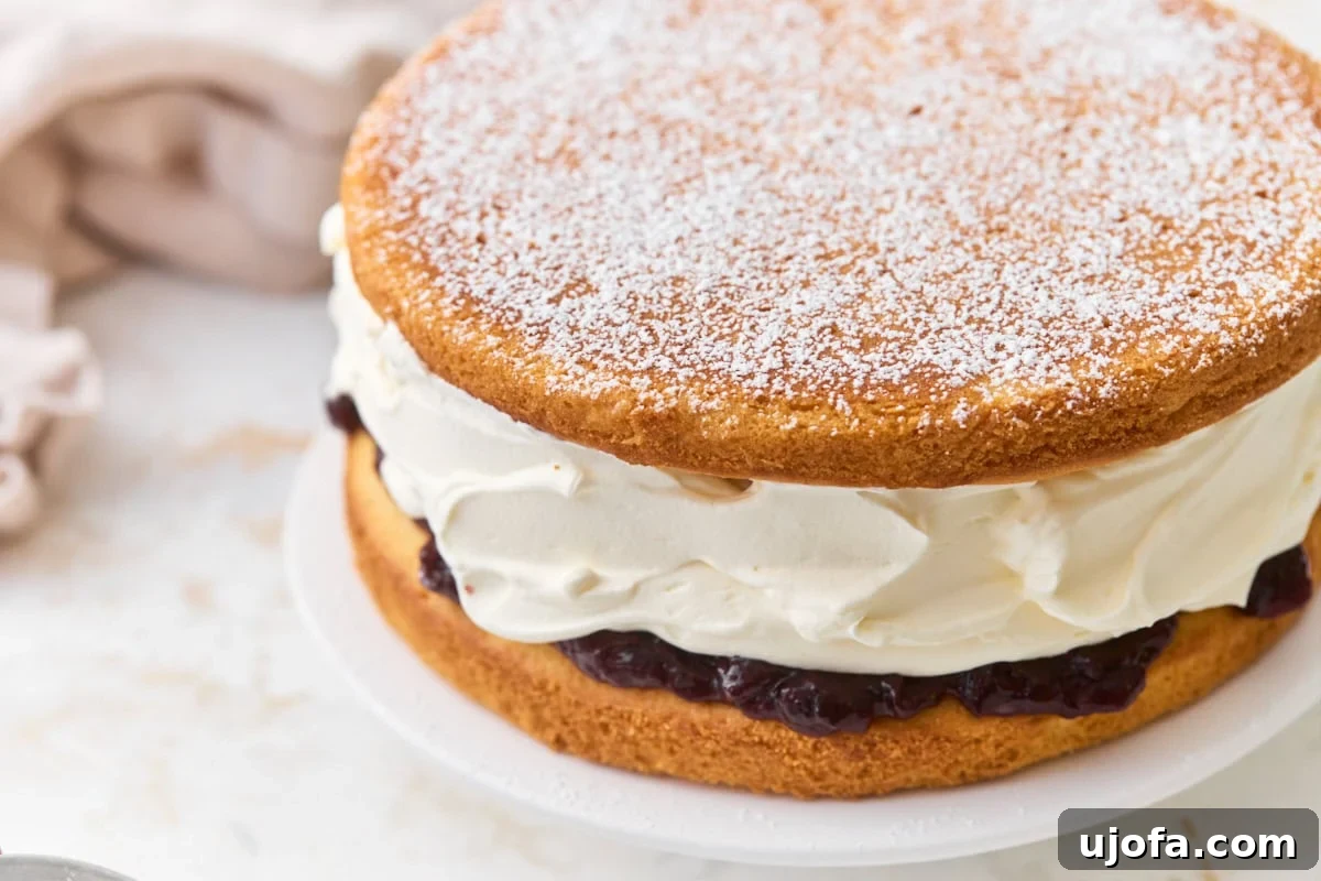 Classic Gluten-Free Victoria Sponge Cake Recipe 12 Assembled gluten-free Victoria sponge cake dusted with powdered sugar, with whipped cream and jam filling visible from the side