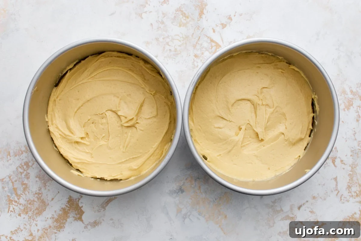 Classic Gluten-Free Victoria Sponge Cake Recipe 9 Cake batter divided evenly between two round cake pans with smoothed tops
