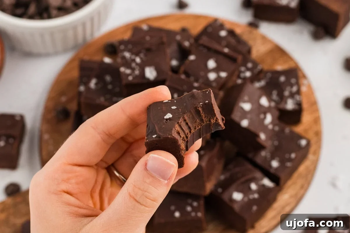 Rich Gluten-Free Dairy-Free Chocolate Fudge Recipe 11 Hand holding a bitten square of chocolate fudge, showing the dense, fudgy texture and flaky salt topping