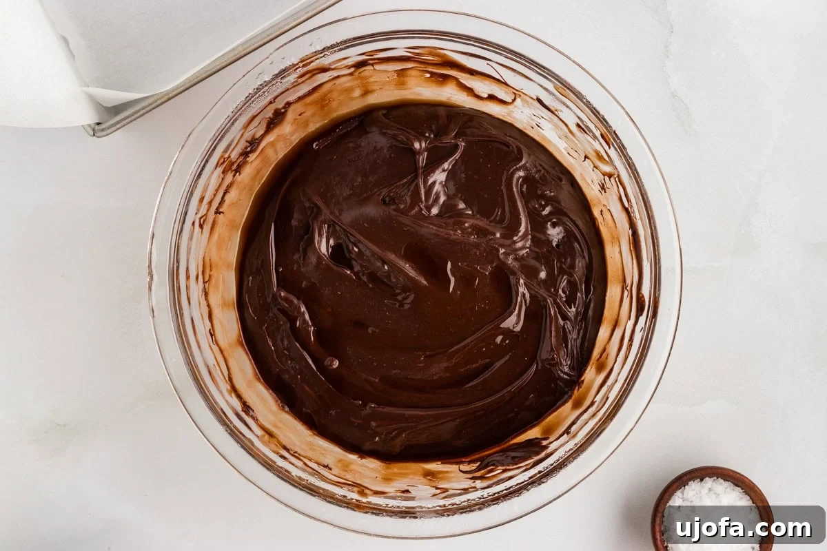 Rich Gluten-Free Dairy-Free Chocolate Fudge Recipe 7 Overhead view of glossy, fully melted dairy-free chocolate fudge mixture in a glass bowl