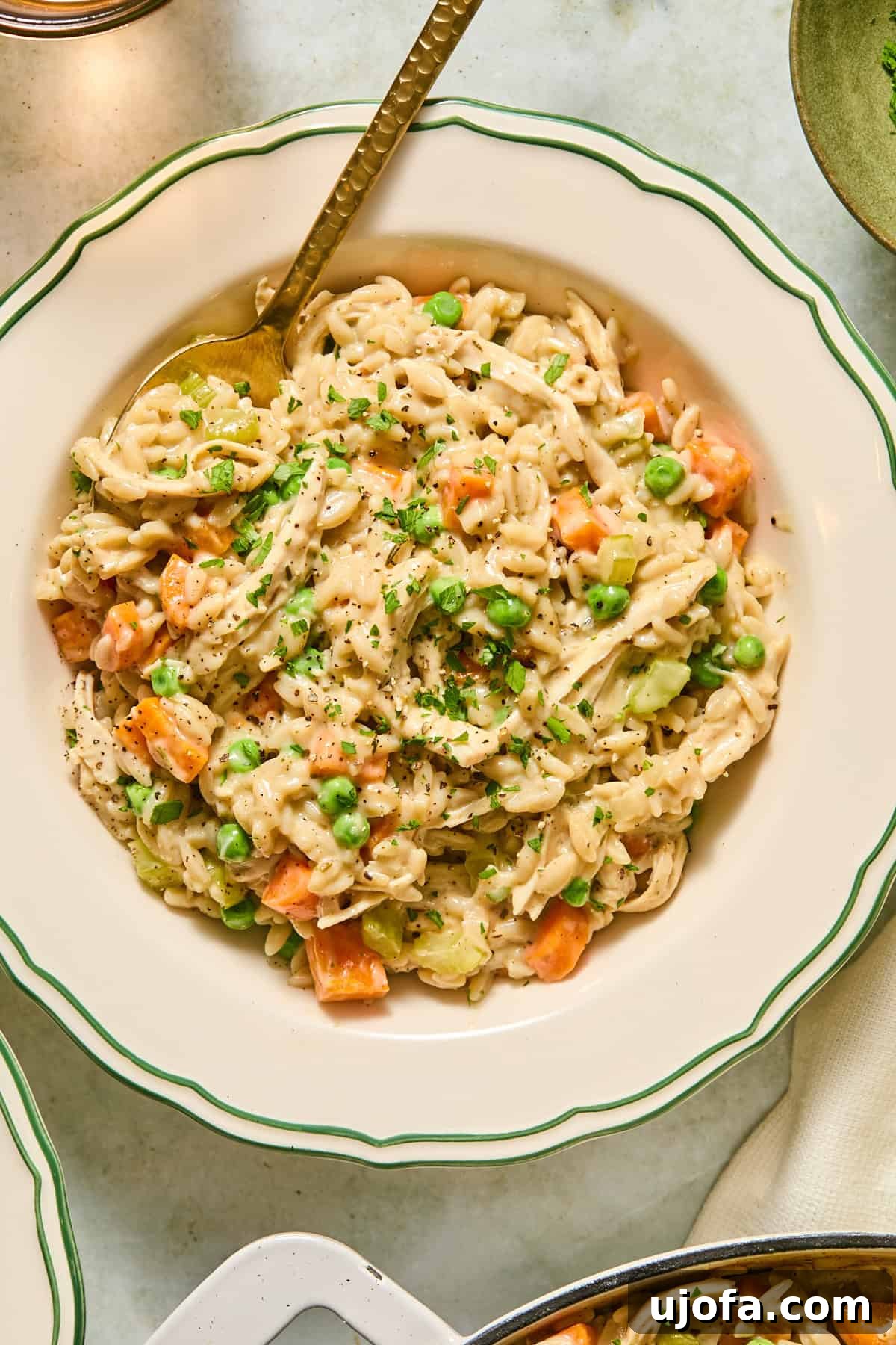 One-Pan Chicken Pot Pie Orzo 2 An overhead shot of a bowl filled with chicken pot pie orzo with a spoon in it.