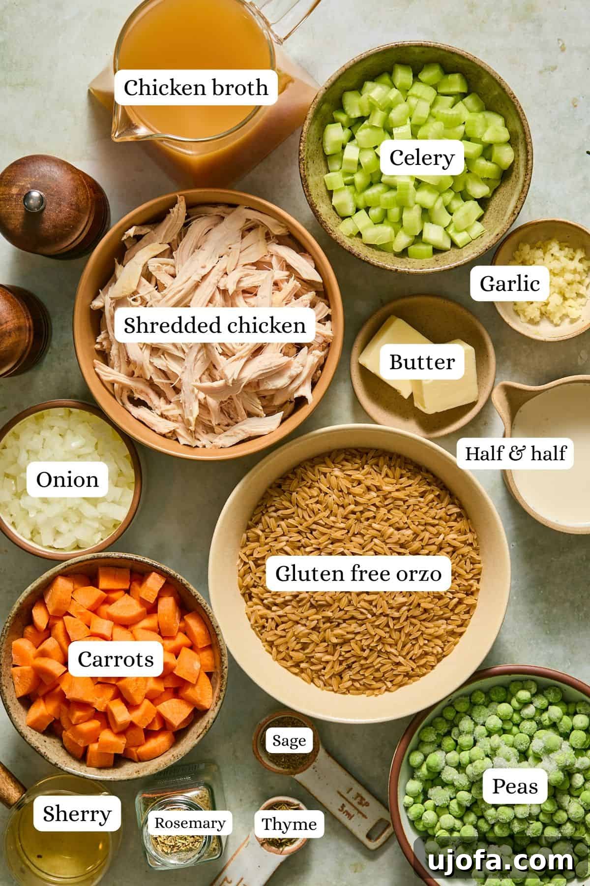 One-Pan Chicken Pot Pie Orzo 3 Chicken pot pie orzo ingredients arranged in labeled nesting bowls on a countertop.