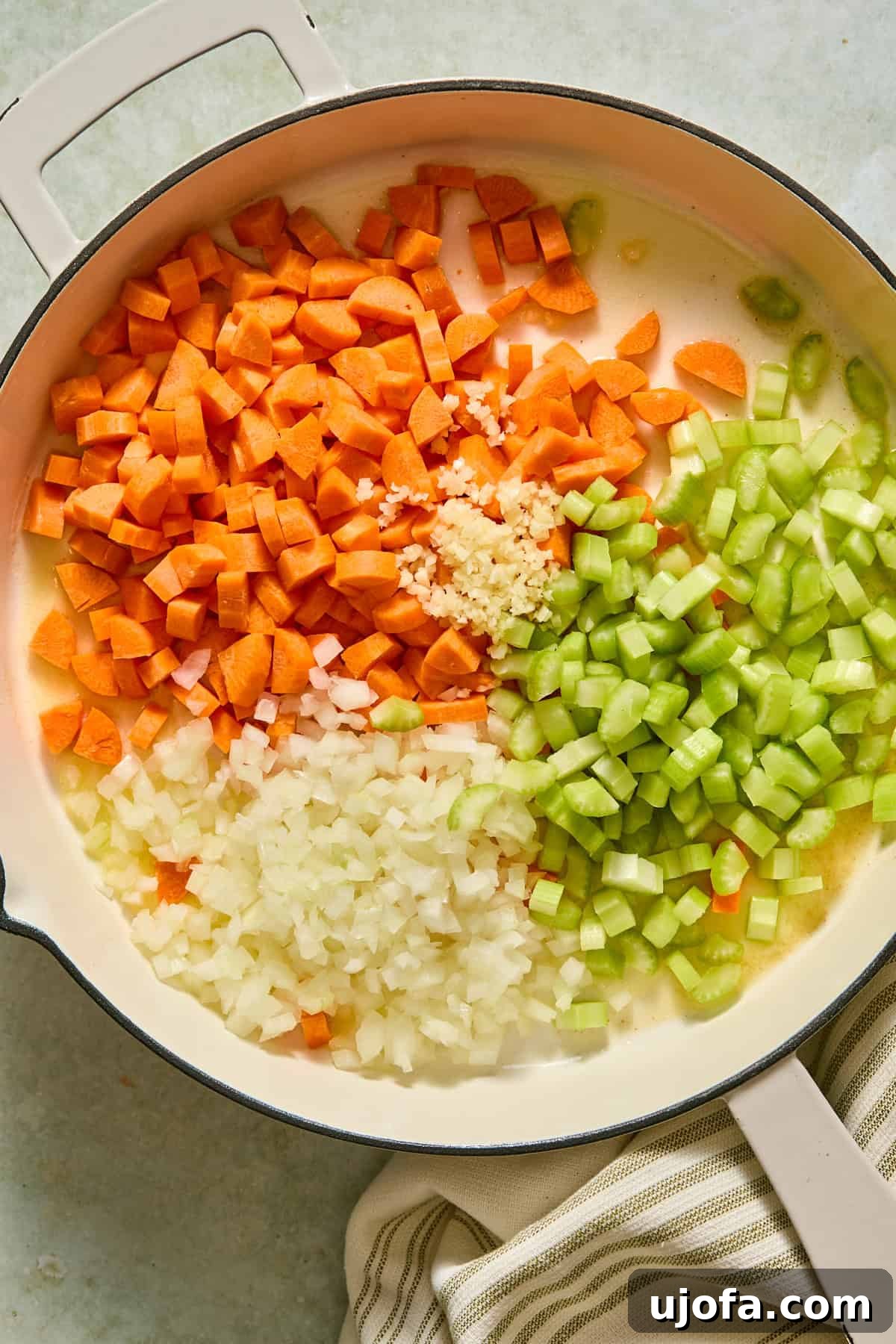 One-Pan Chicken Pot Pie Orzo 4 Onion, garlic, carrots, and celery softening in melted butter in a large skillet.