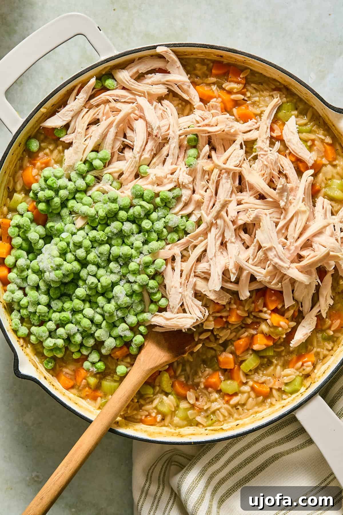 One-Pan Chicken Pot Pie Orzo 8 Peas and shredded chicken stirred into the cooked orzo.