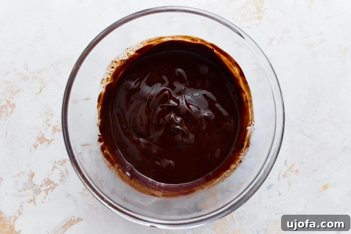 Fudgy Flourless Chocolate Cookies Gluten Free 4 Melted dark chocolate and butter in a glass bowl, smooth and glossy, for flourless chocolate cookies.