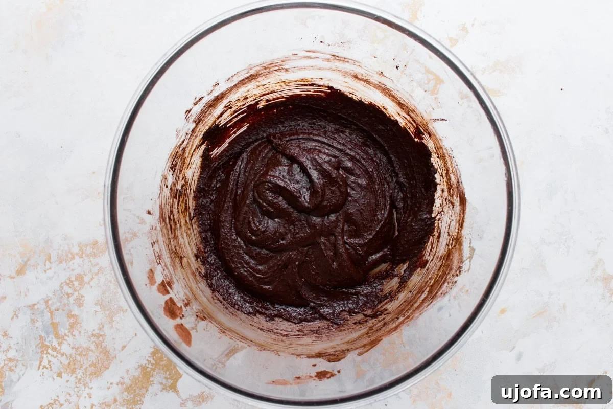 Fudgy Flourless Chocolate Cookies Gluten Free 7 Thick, shiny flourless chocolate cookie dough after the cocoa powder, baking powder, and salt are stirred in.
