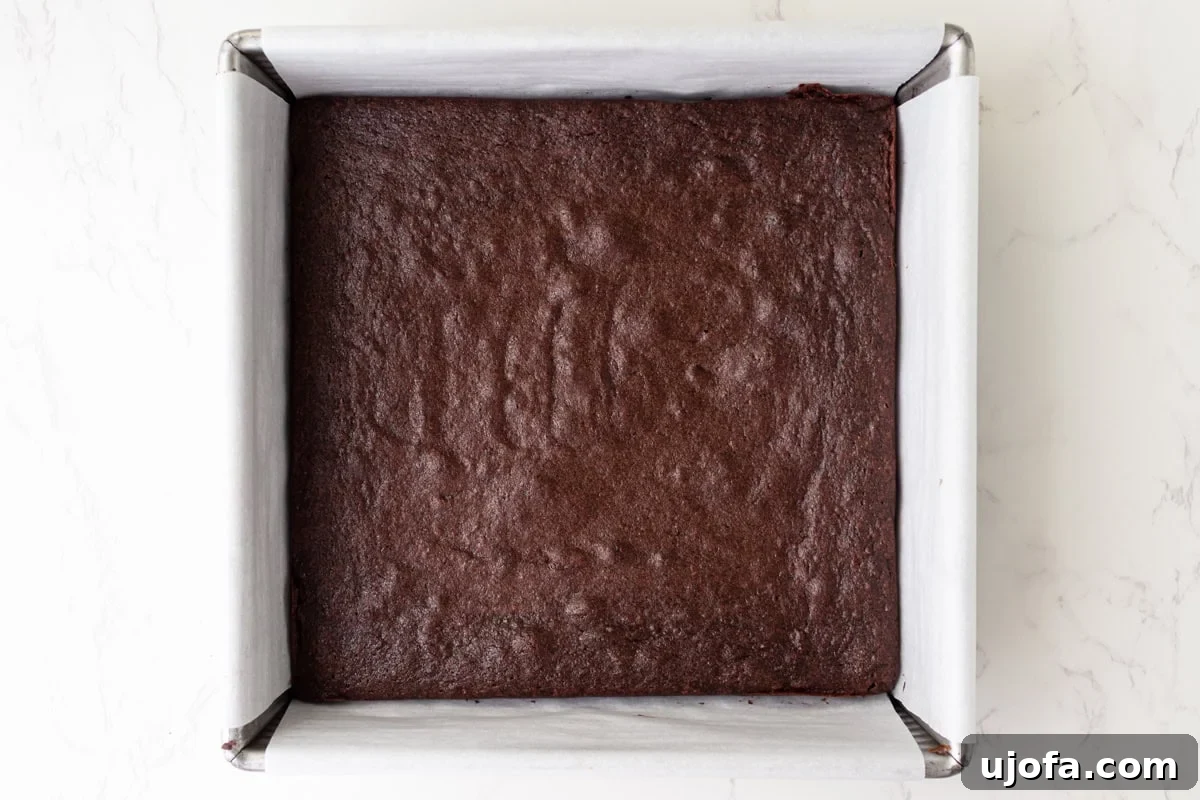 Gluten-Free Cosmic Brownies: Little Debbie Copycat Recipe 8 Baked gluten-free brownie in the pan, cooled and ready to be chilled before frosting.