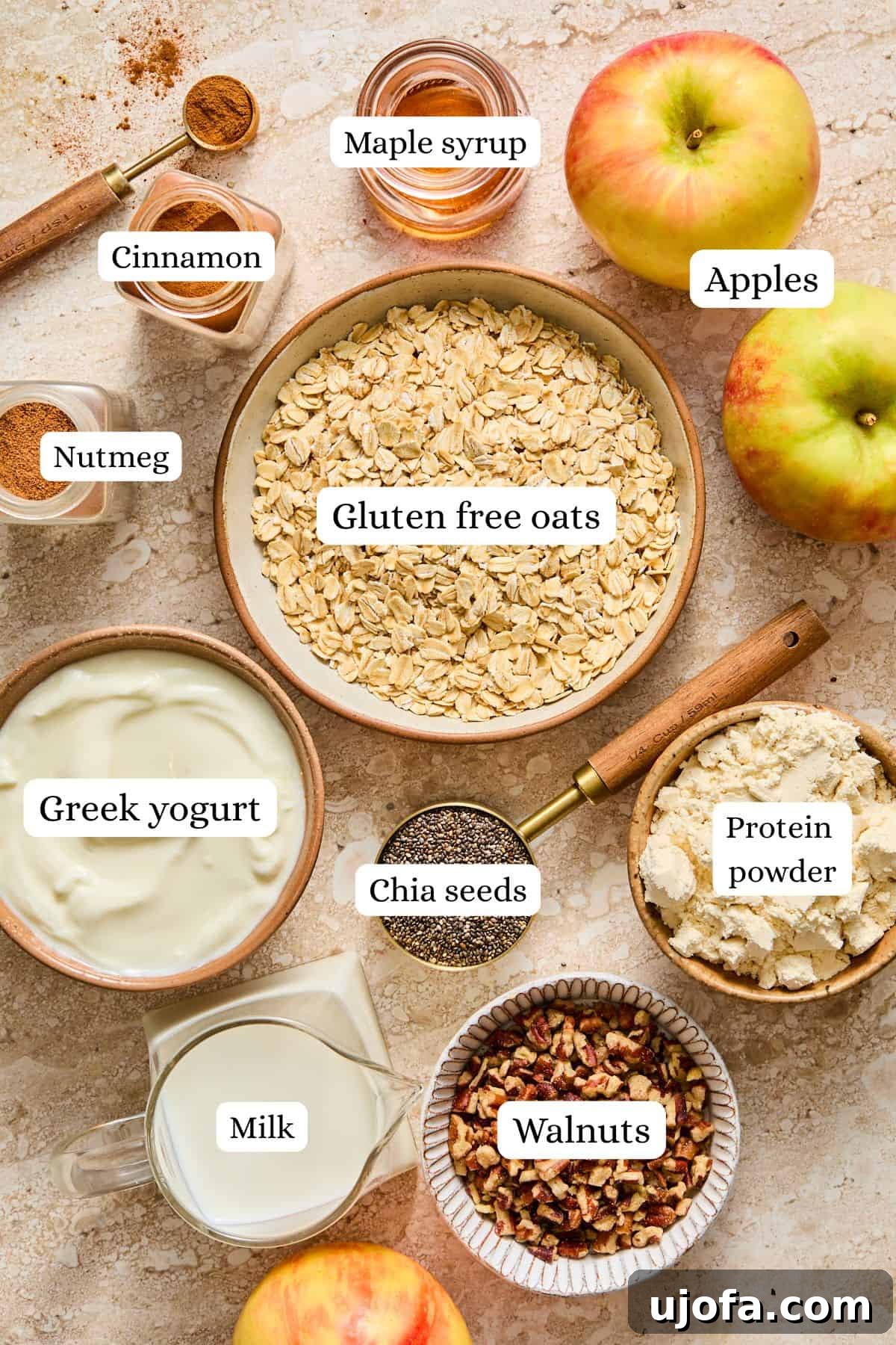 Protein-Packed Apple Pie Overnight Oats 3 apple pie overnight oats ingredients in nesting bowls