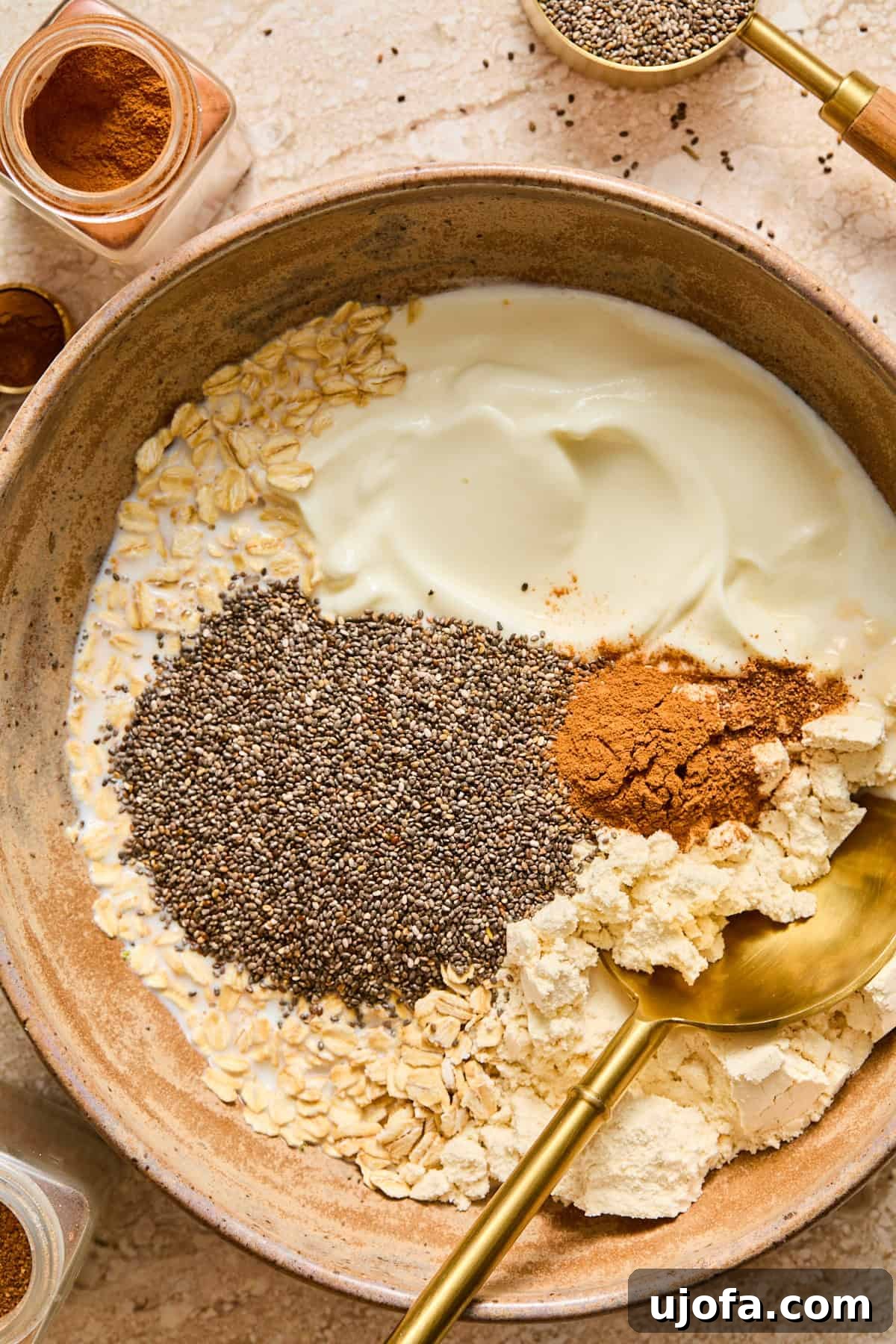 Protein-Packed Apple Pie Overnight Oats 5 ingredients for apple pie overnight oats in a bowl