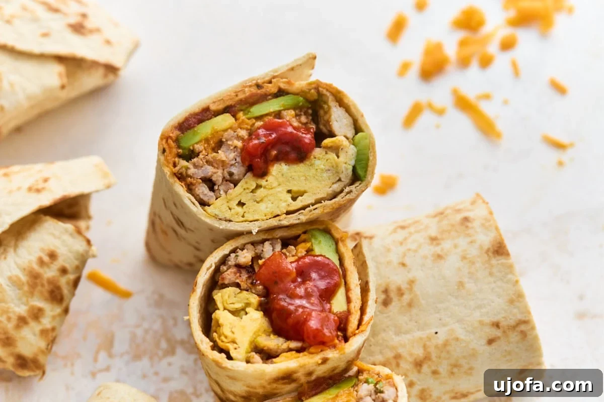 Make-Ahead Gluten-Free Breakfast Burritos 9 Close-up of a gluten-free breakfast burrito sliced in half, showing layers of eggs, sausage, cheese, avocado, and salsa