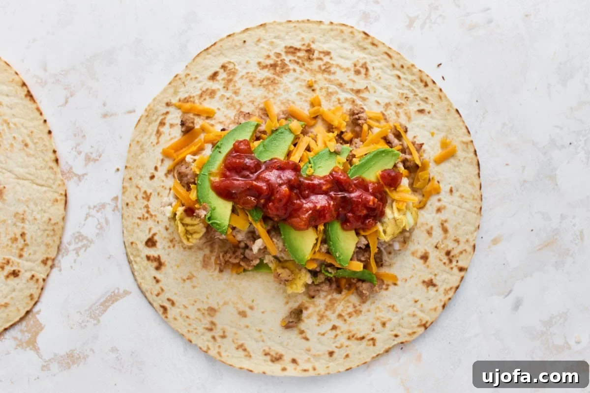 Make-Ahead Gluten-Free Breakfast Burritos 7 Gluten-free tortilla topped with scrambled eggs, sausage, shredded cheddar, avocado slices, and salsa before rolling