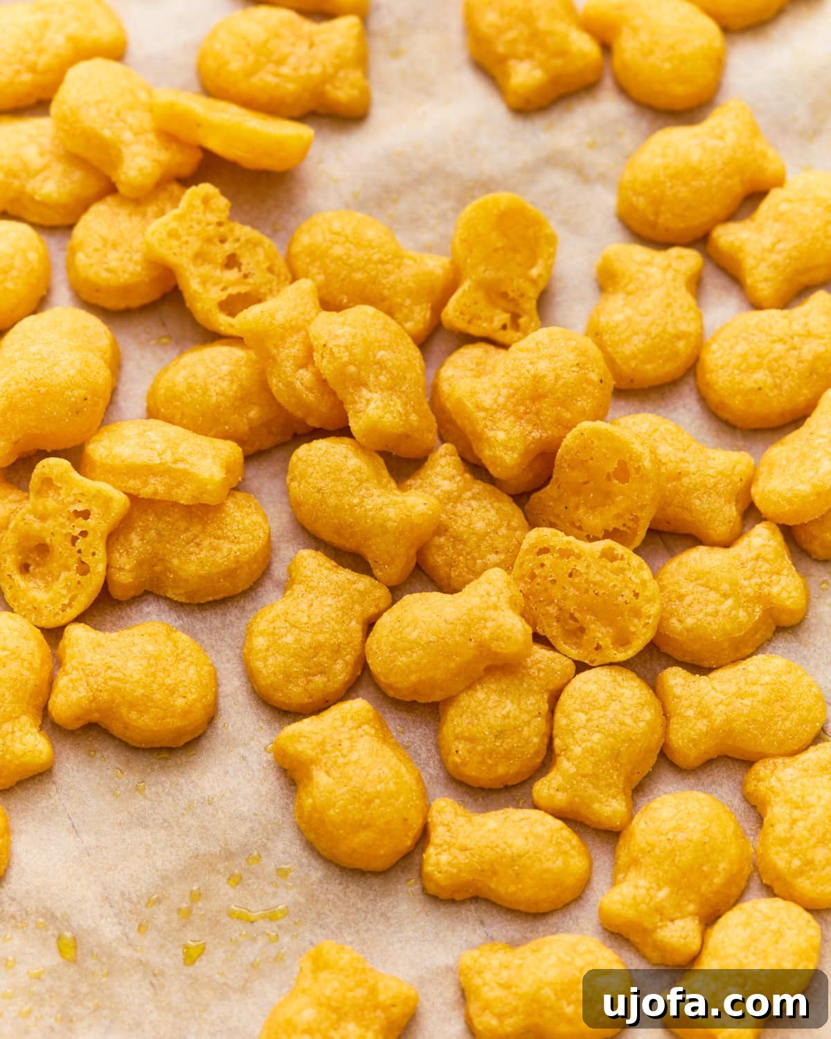 Homemade Gluten-Free Goldfish Crackers 2 Gluten-free goldfish crackers scattered on parchment paper, with a few broken open to show the light, airy texture inside.