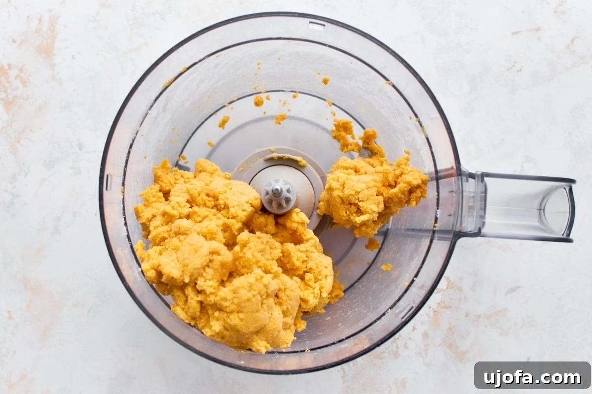 Homemade Gluten-Free Goldfish Crackers 5 Gluten-free goldfish cracker dough clumped together in a food processor after adding cold water.