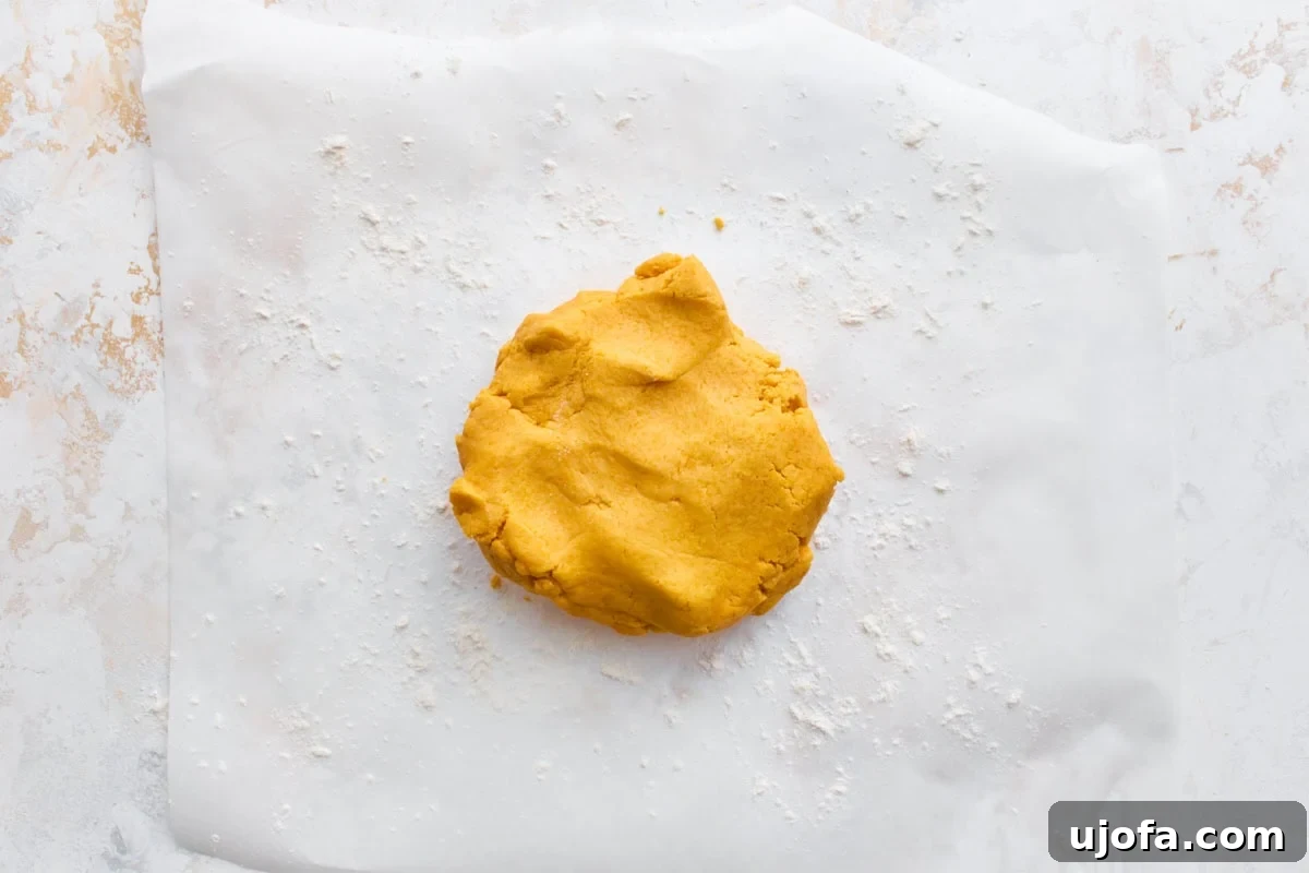 Homemade Gluten-Free Goldfish Crackers 6 Gluten-free cracker dough pressed into a flat disk on parchment paper, ready to roll out.