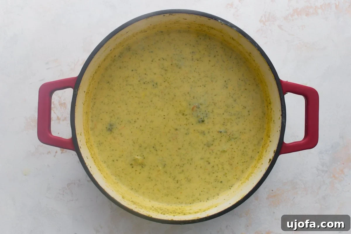 Creamy Broccoli Cheddar Soup (Gluten-Free) 7 Thick, smooth, glossy broccoli cheddar soup after the cheese has melted