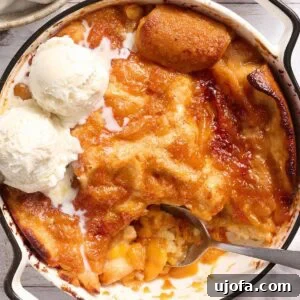 Delicious Gluten-Free and Dairy-Free Dessert Recipes 15 Gluten free peach cobbler in a white baking dish with scoops of vanilla ice cream melting