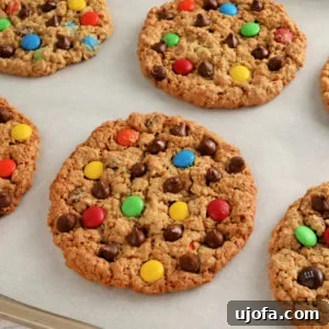 Delicious Gluten-Free and Dairy-Free Dessert Recipes 20 gluten-free monster cookies on white parchment paper.