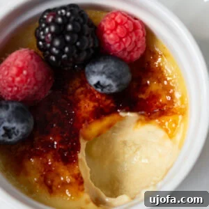 Delicious Gluten-Free and Dairy-Free Dessert Recipes 5 Dairy-free crème brûlée with a crackly caramelized sugar top, garnished with fresh berries in a white ramekin.