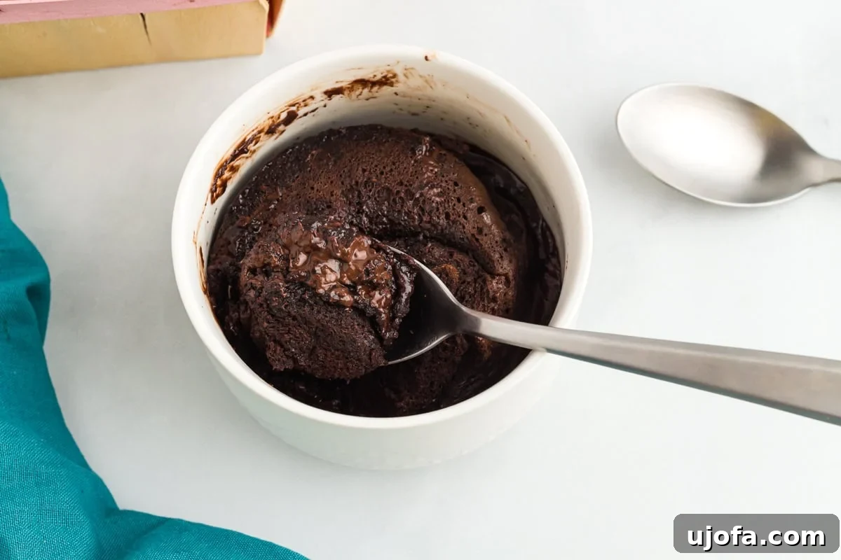 Microwave Flourless Chocolate Mug Cake 6 A spoon digging into a flourless mug cake, showing the fudgy, molten center