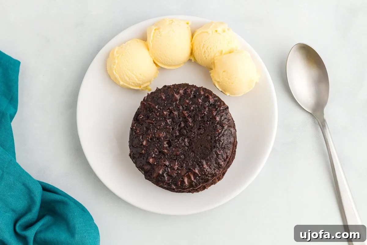 Microwave Flourless Chocolate Mug Cake 7 Flourless mug cake turned out onto a plate and served with scoops of vanilla ice cream